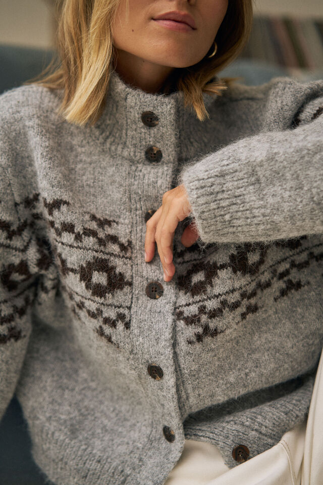 Orla Fair Isle Knit Cardi - Grey Marle Choc