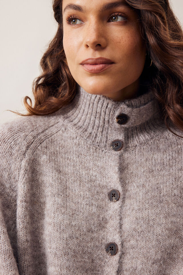 Riley Funnel Neck Tab Cardi - Taupe Marle