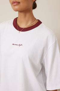 Macy Print Tee - White/Mulberry Script