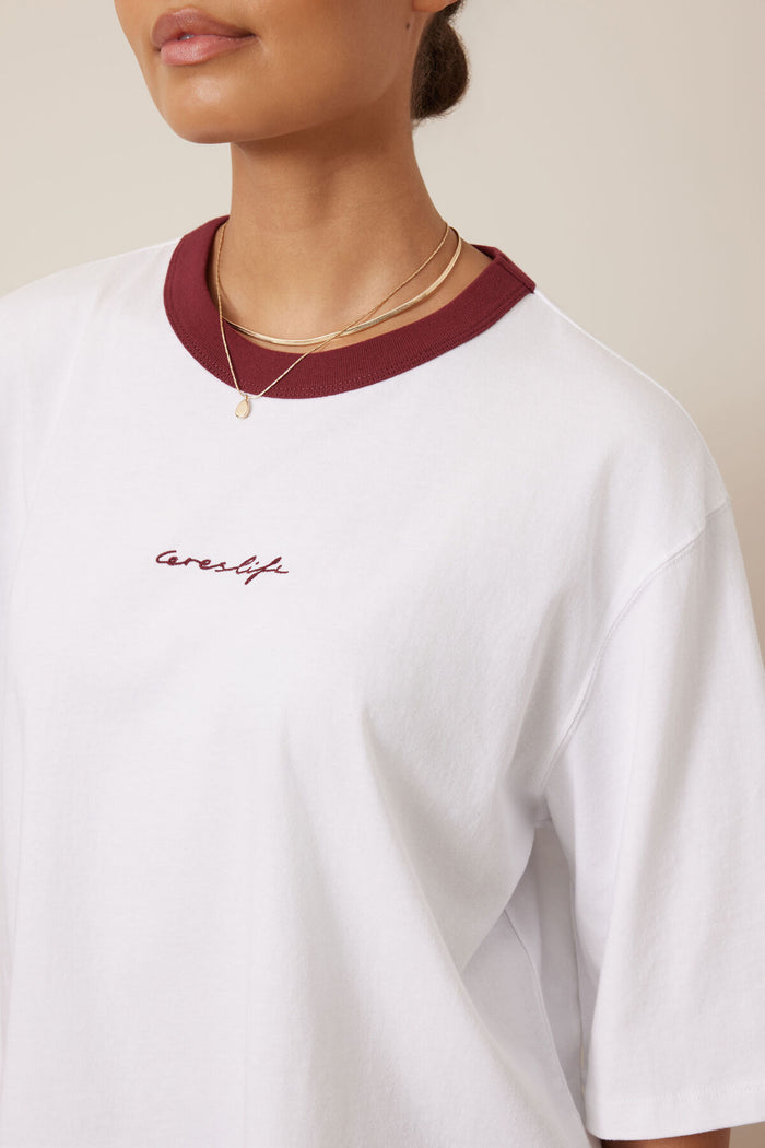 Macy Print Tee - White/Mulberry Script