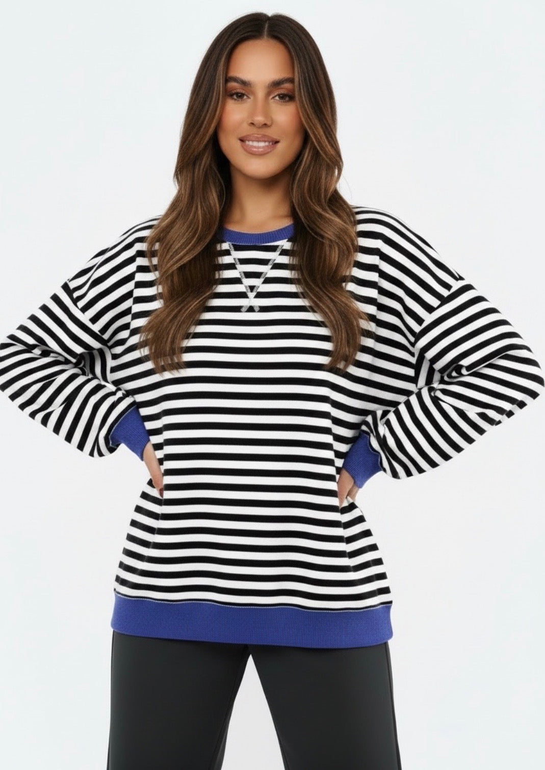Coastal Contrast Crew - Black/White/Blue Stripe