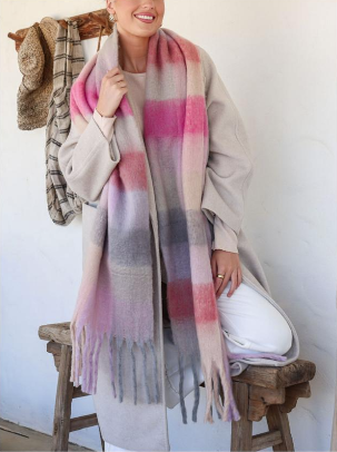 Snuggly Tassel Scarf - Pink/Grey Multi Check