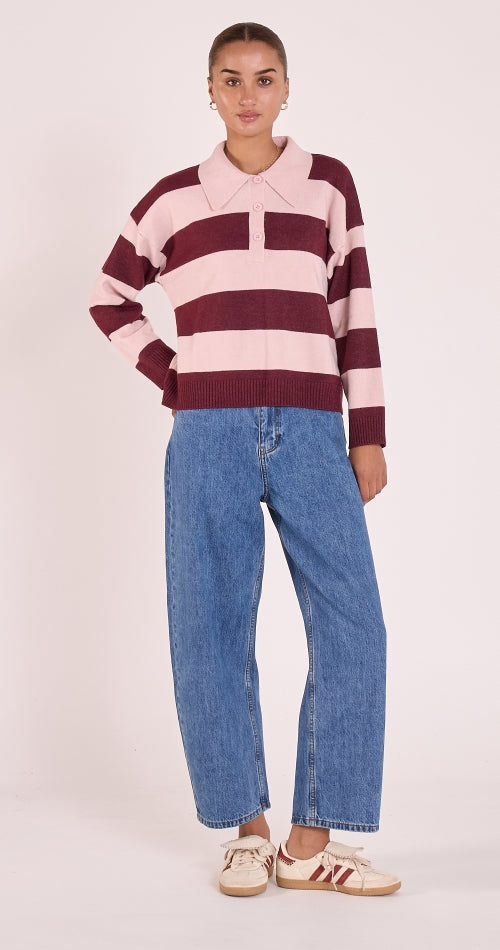 Stefi Rugby Knit - Pink Burgundy Stripe