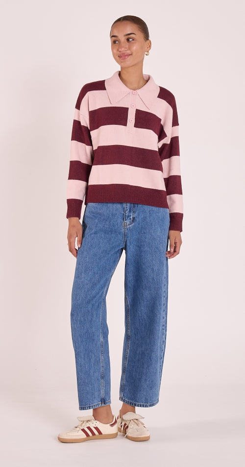 Stefi Rugby Knit - Pink Burgundy Stripe