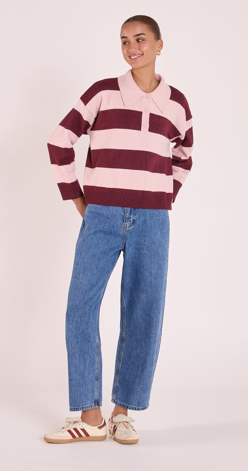 Stefi Rugby Knit - Pink Burgundy Stripe