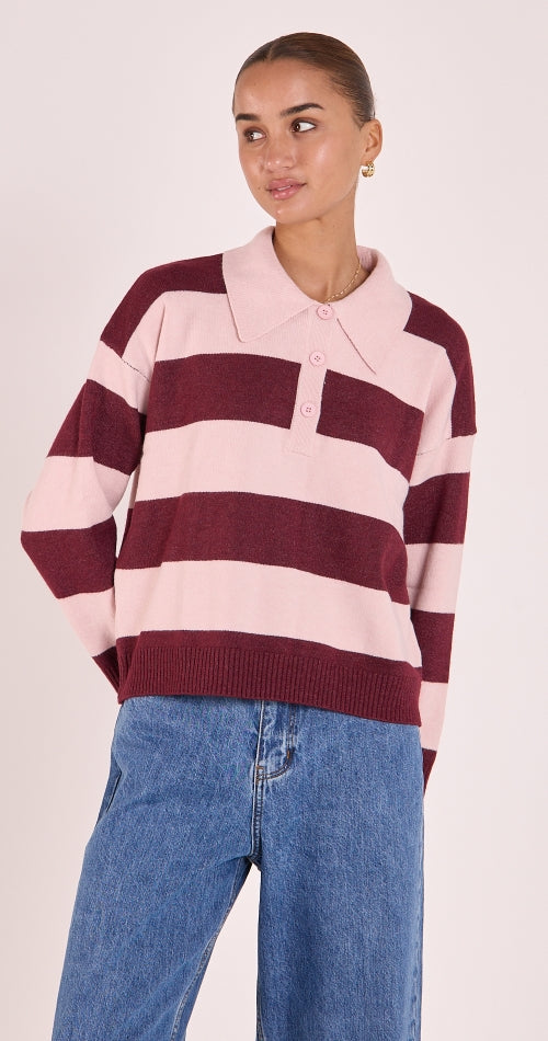 Stefi Rugby Knit - Pink Burgundy Stripe