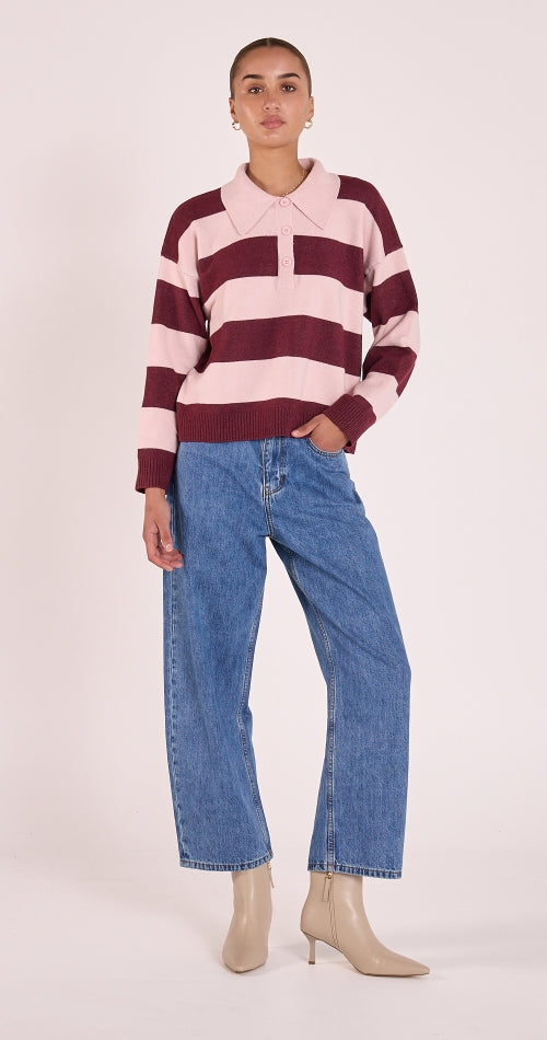 Stefi Rugby Knit - Pink Burgundy Stripe