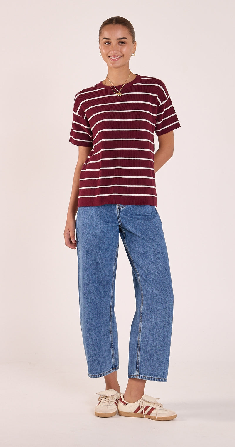 Jasper Knitted Tee - Burgundy White Stripe