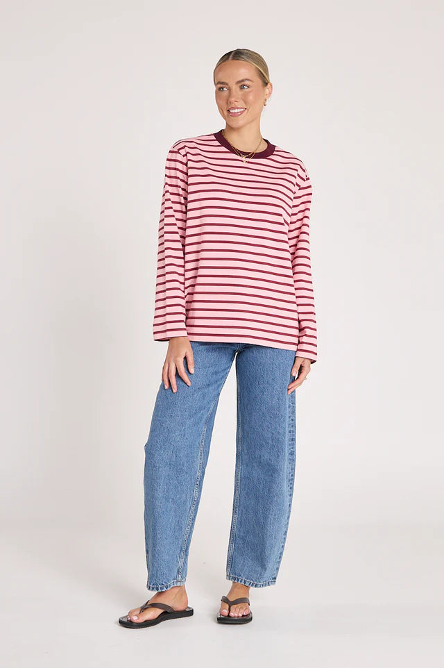 Carter Long Sleeve Tee - Burgundy Pink Stripe
