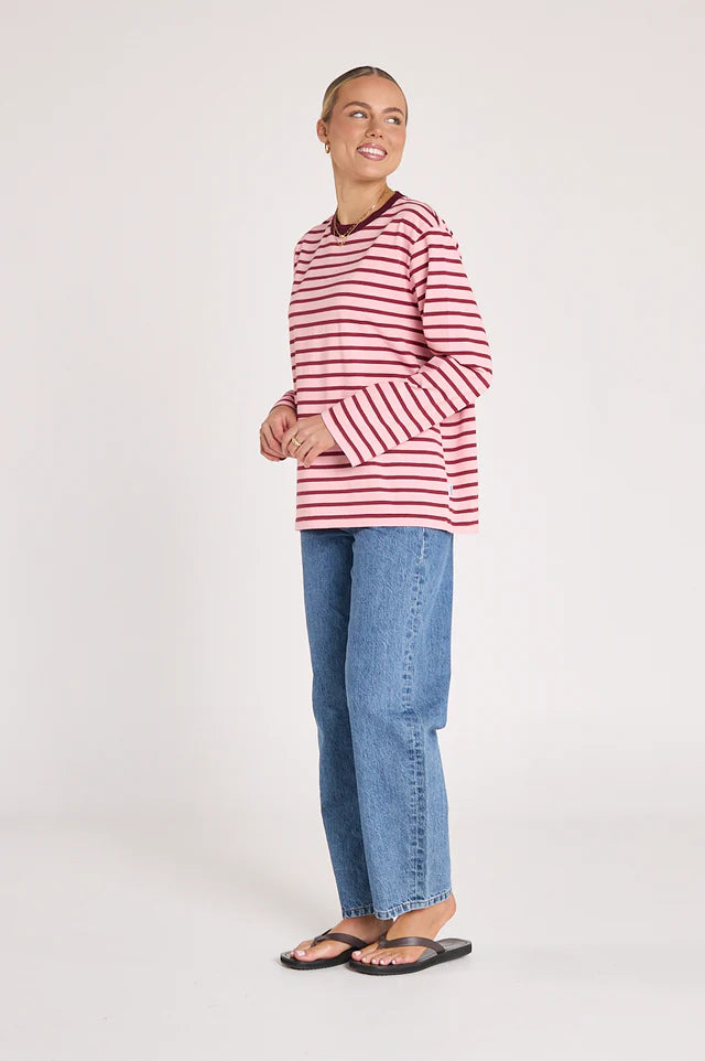 Carter Long Sleeve Tee - Burgundy Pink Stripe