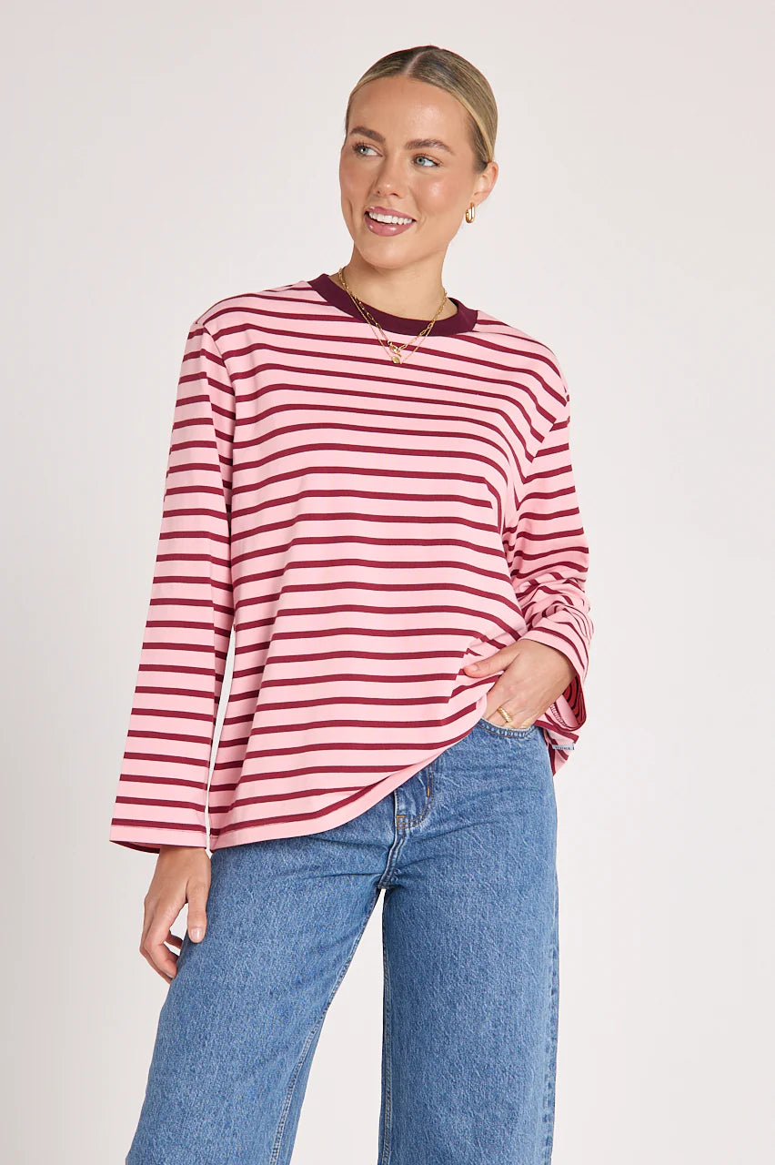 Carter Long Sleeve Tee - Burgundy Pink Stripe