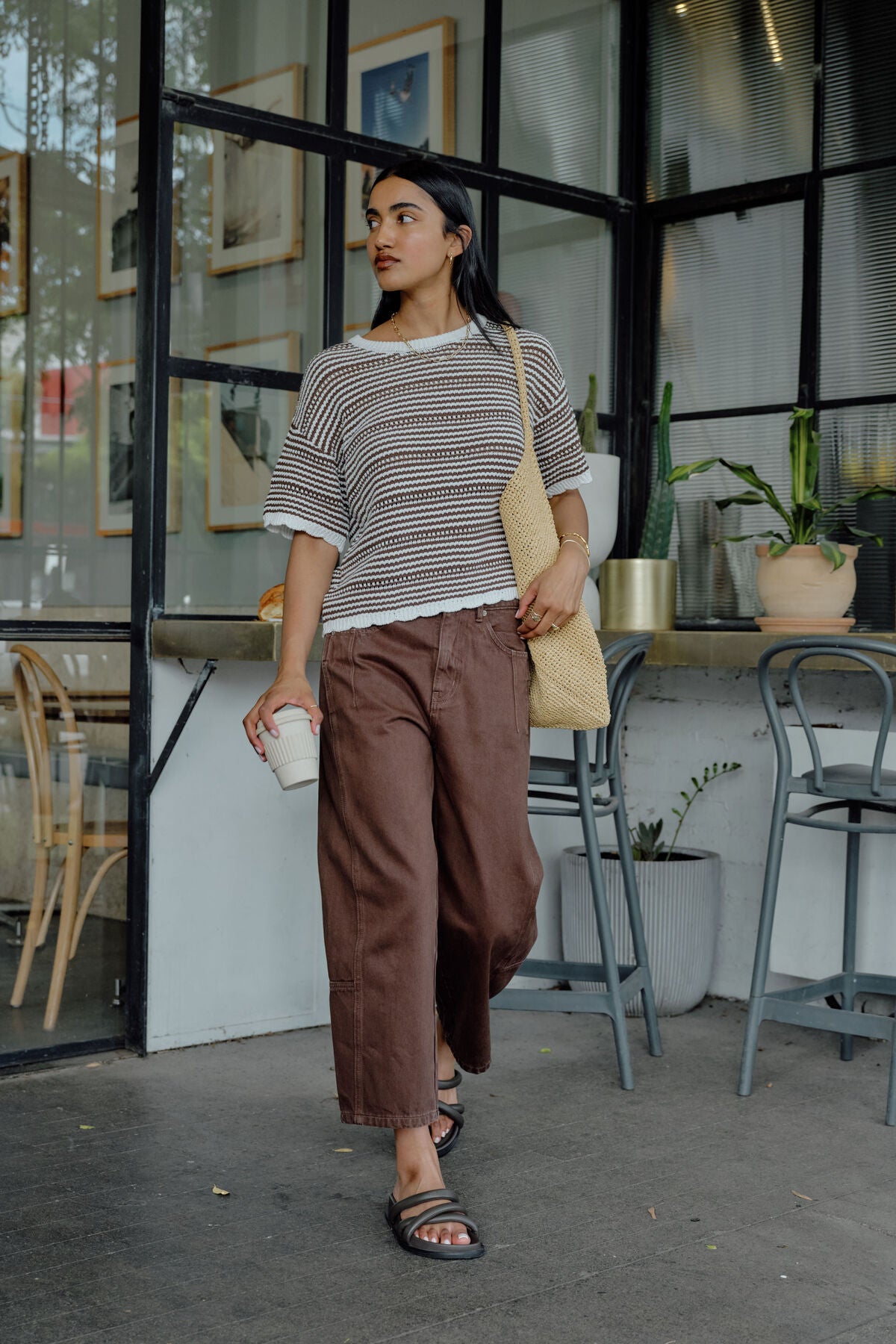 Nina Boxy Knit Tee - Chocolate Stripe