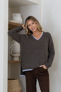 Contrast V Neck Trim Knit - Chocolate/Blue