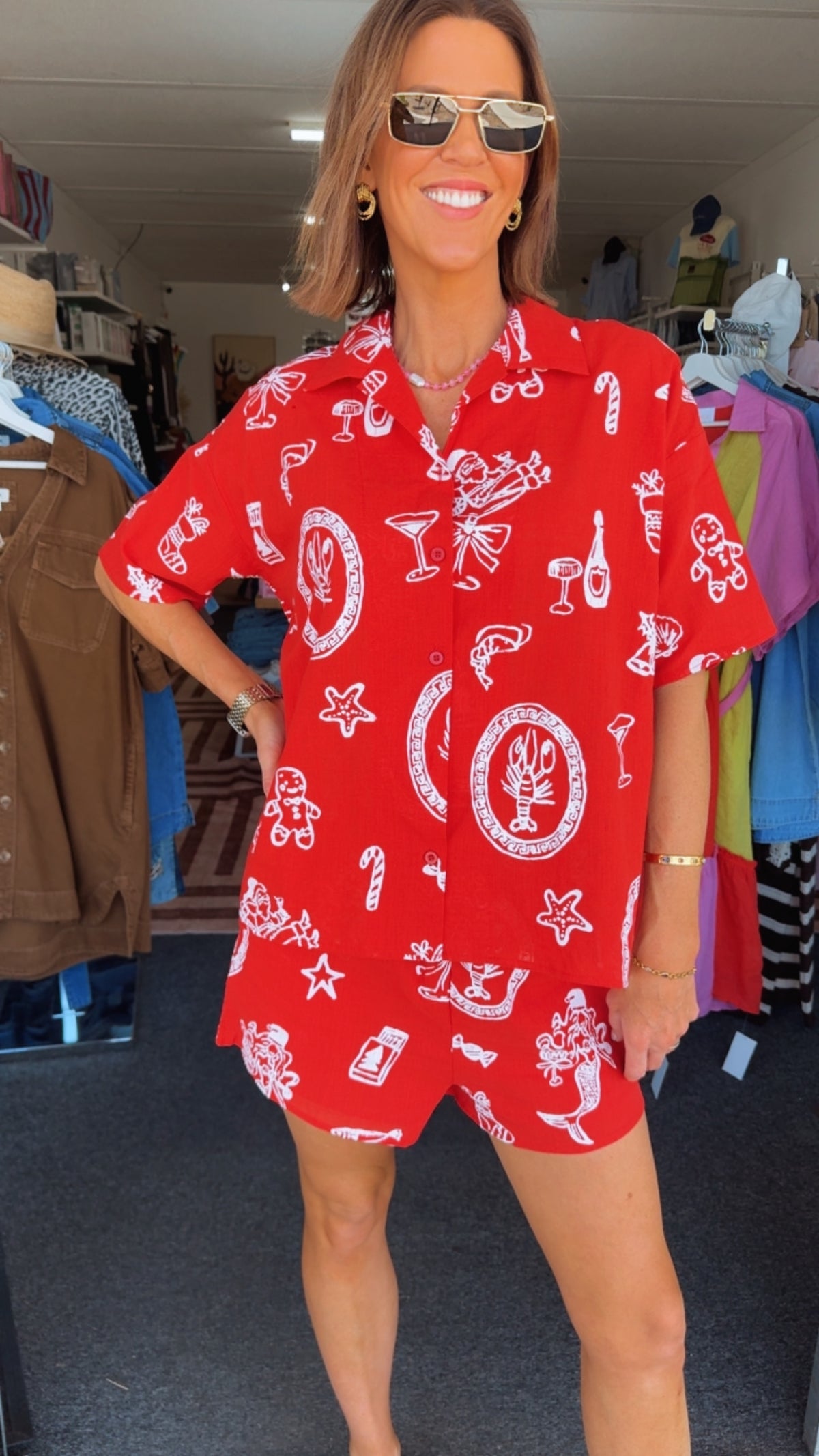 Red Santa Print Short Set