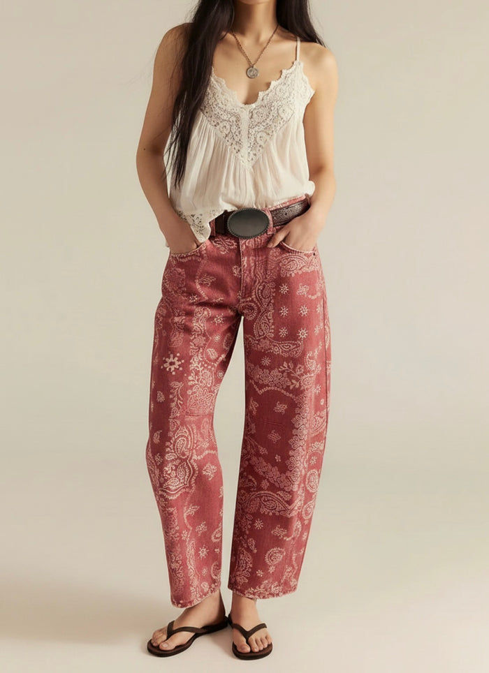 Paisley Bandana Barrel Jean - Rust