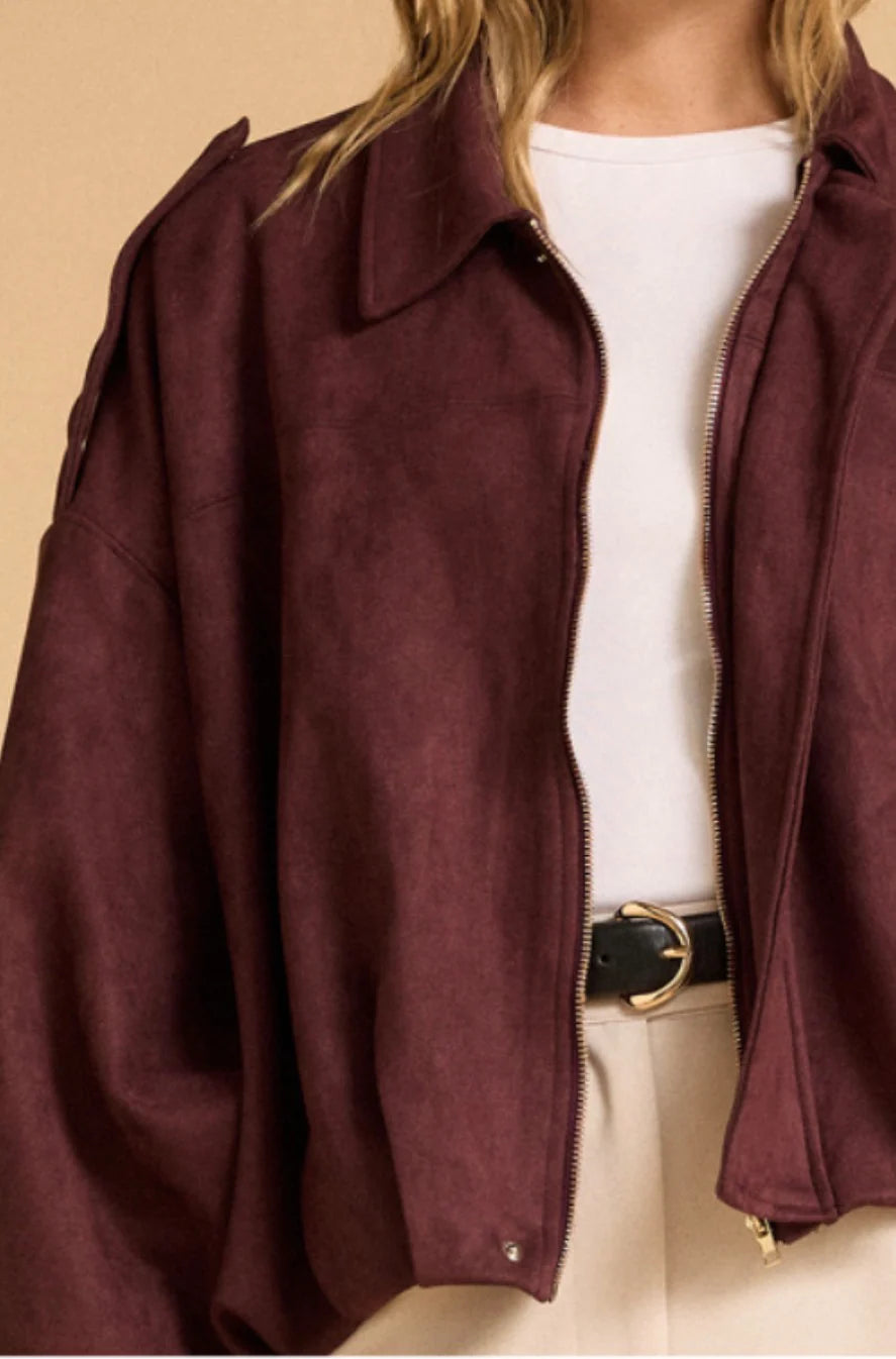 Faux Suede Bomber Jacket – Merlot