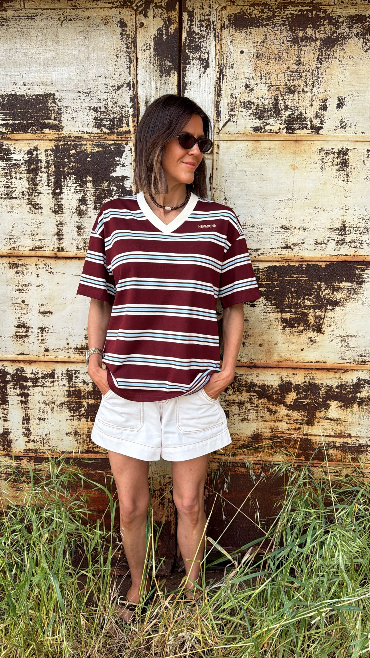 THE DRIFTER | V Tee - Cream Burgundy Stripe