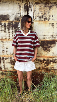 THE DRIFTER | V Tee - Cream Burgundy Stripe