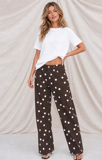 Polka Dot Denim Straight Leg Jeans - Chocolate/White