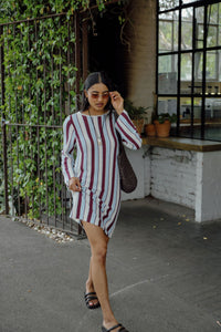 Chloe Stripe Knit Mini Dress - Blue wine stripe
