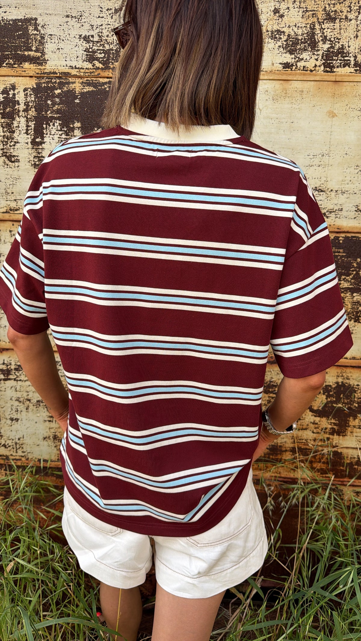 THE DRIFTER | V Tee - Cream Burgundy Stripe