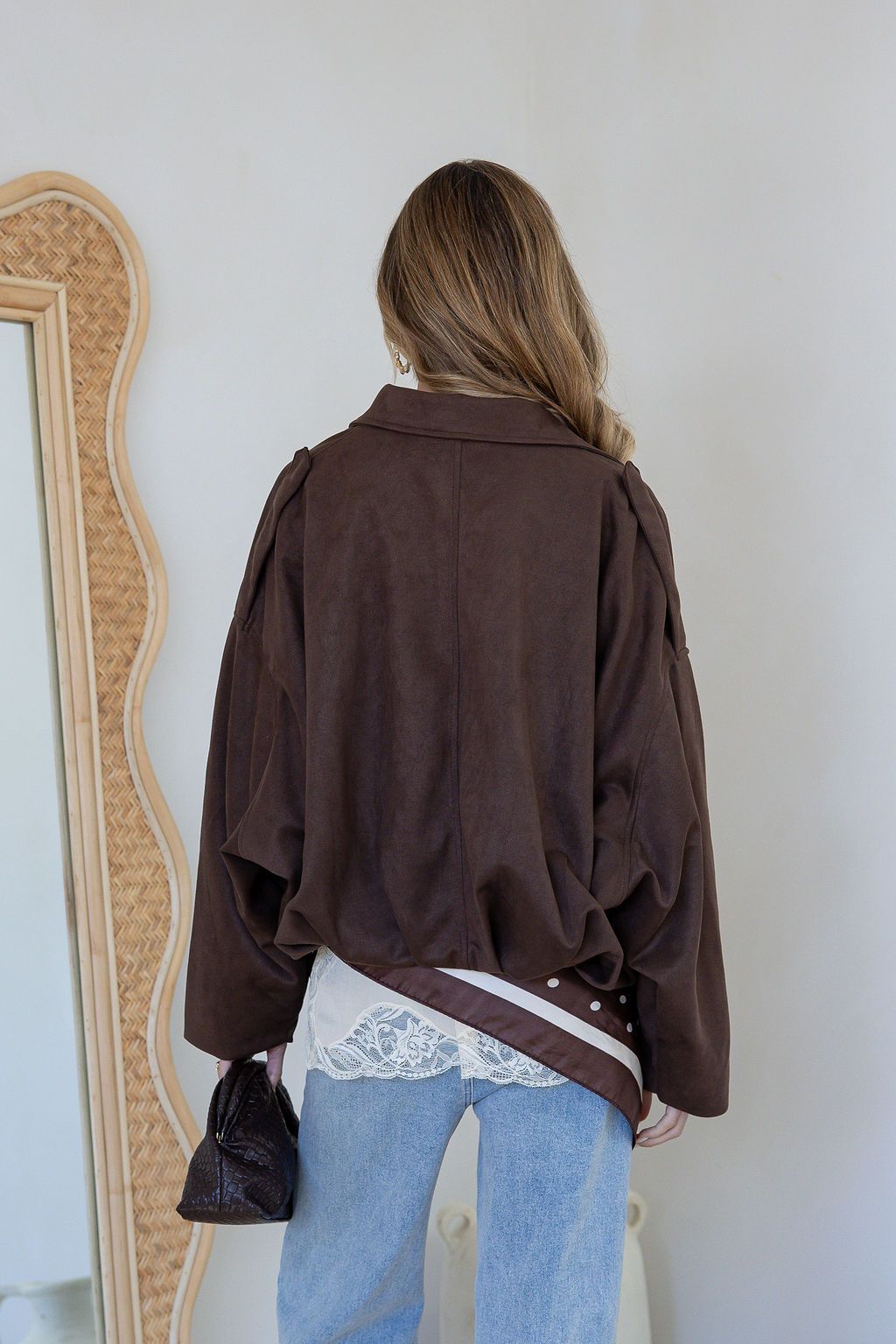 Suede Zip Gather Hem Bomber Jacket - Chocolate