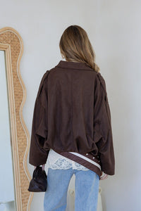 Suede Zip Gather Hem Bomber Jacket - Chocolate
