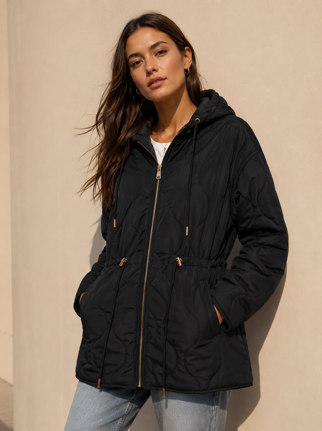 Quilted Drawstring Hooded Anorak - Black
