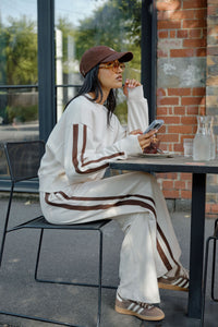 Gigi Wide Leg Terry Trackpant - Buff/Chocolate Side Stripe