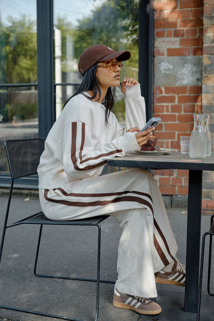Gigi Wide Leg Terry Trackpant - Buff/Chocolate Side Stripe