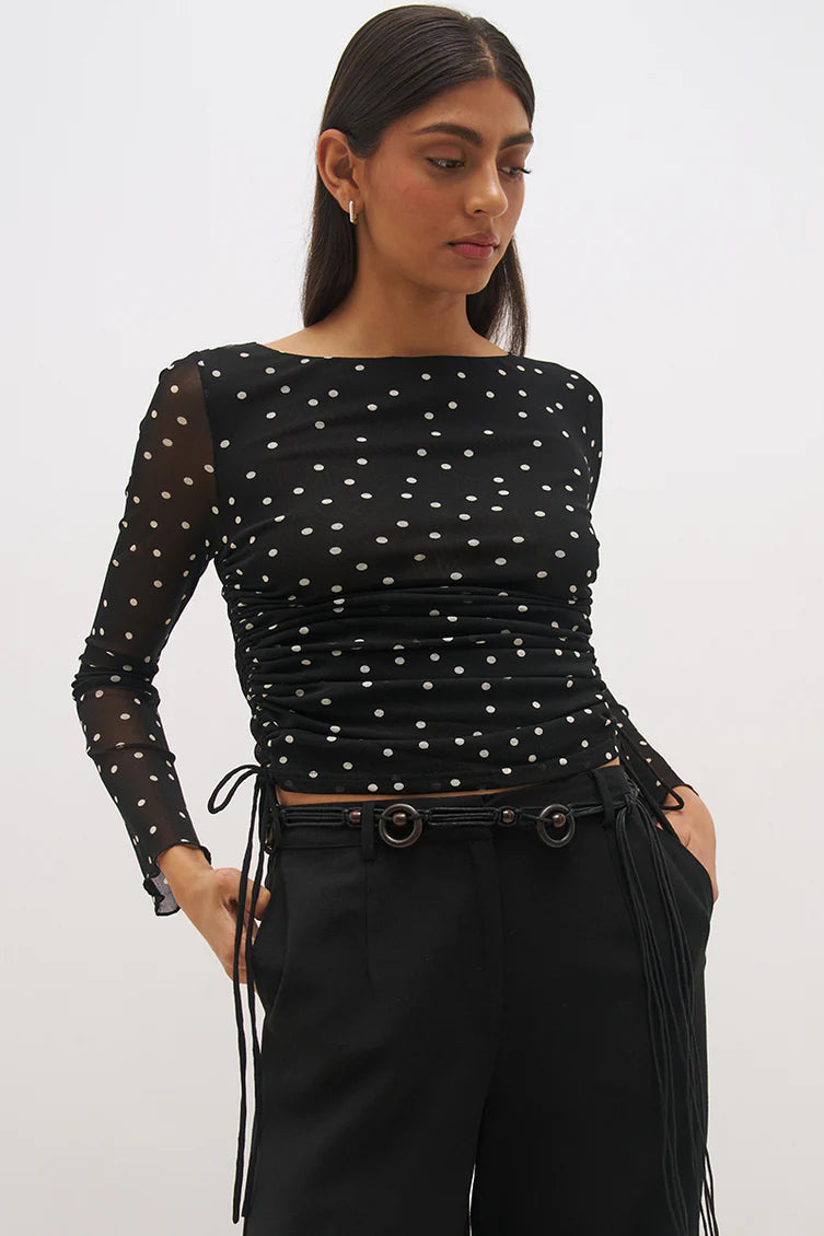 Vesper Spot Long Sleeve Top - Black Base Polka Dot
