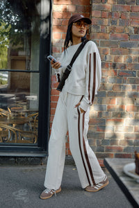 Gigi Wide Leg Terry Trackpant - Buff/Chocolate Side Stripe