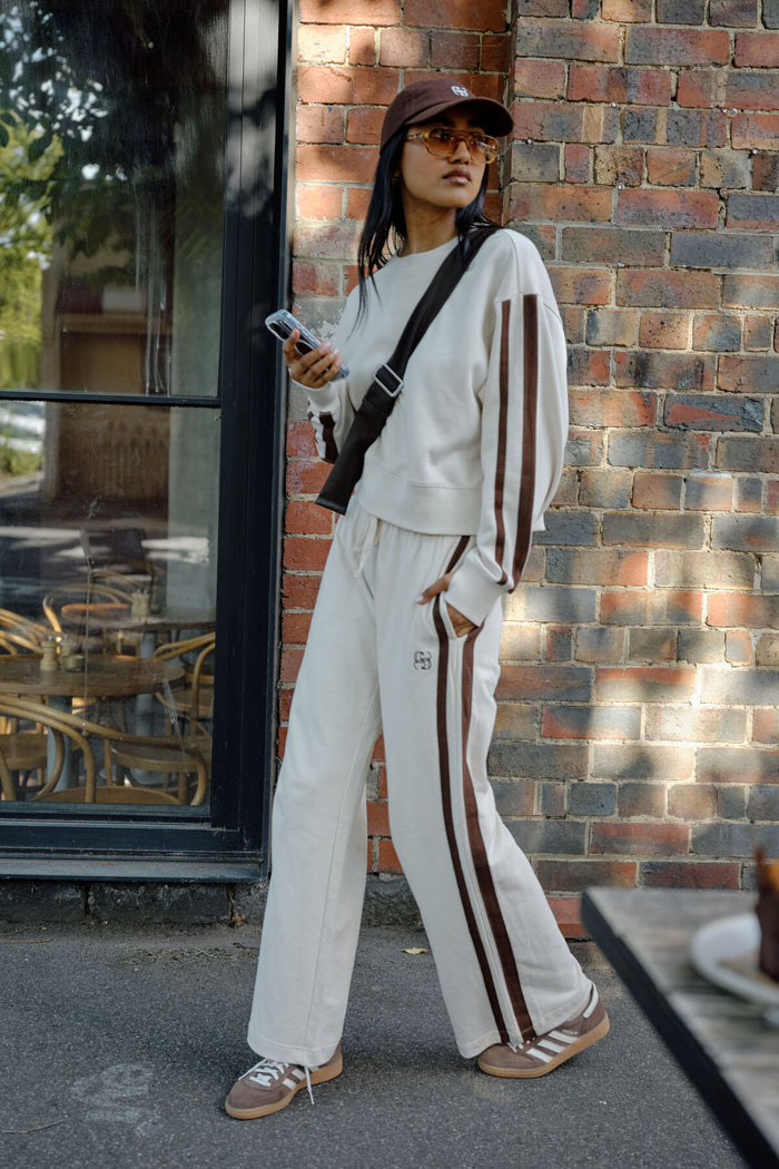 Gigi Wide Leg Terry Trackpant - Buff/Chocolate Side Stripe