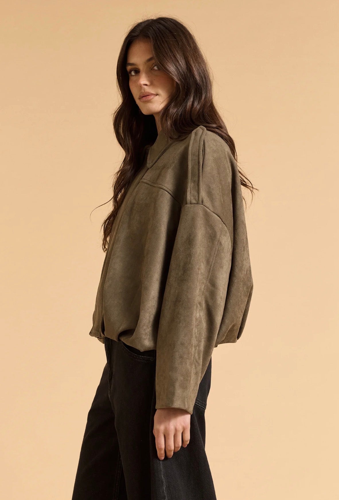Faux Suede Bomber Jacket – Khaki