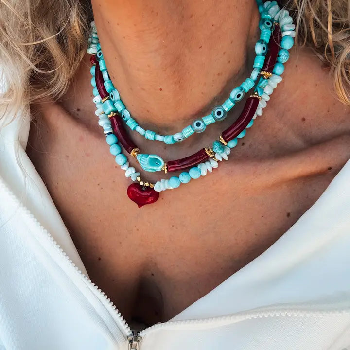 Turquoise & Cherry Red Beaded Necklace