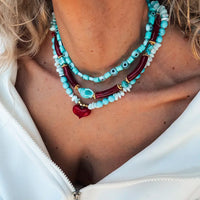 Turquoise & Cherry Red Beaded Necklace