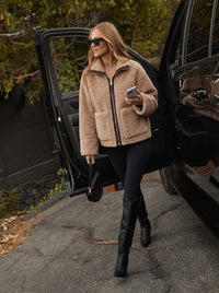 Zip Front Teddy Funnel Jacket - Tan