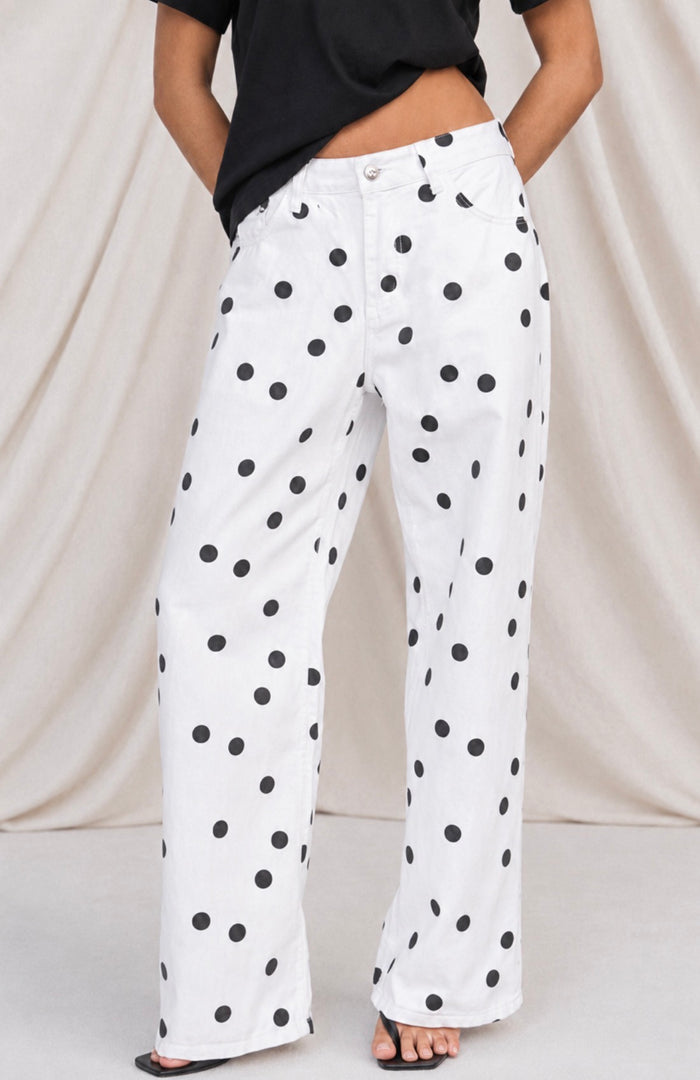 Polka Dot Denim Straight Leg Jeans - White/Black