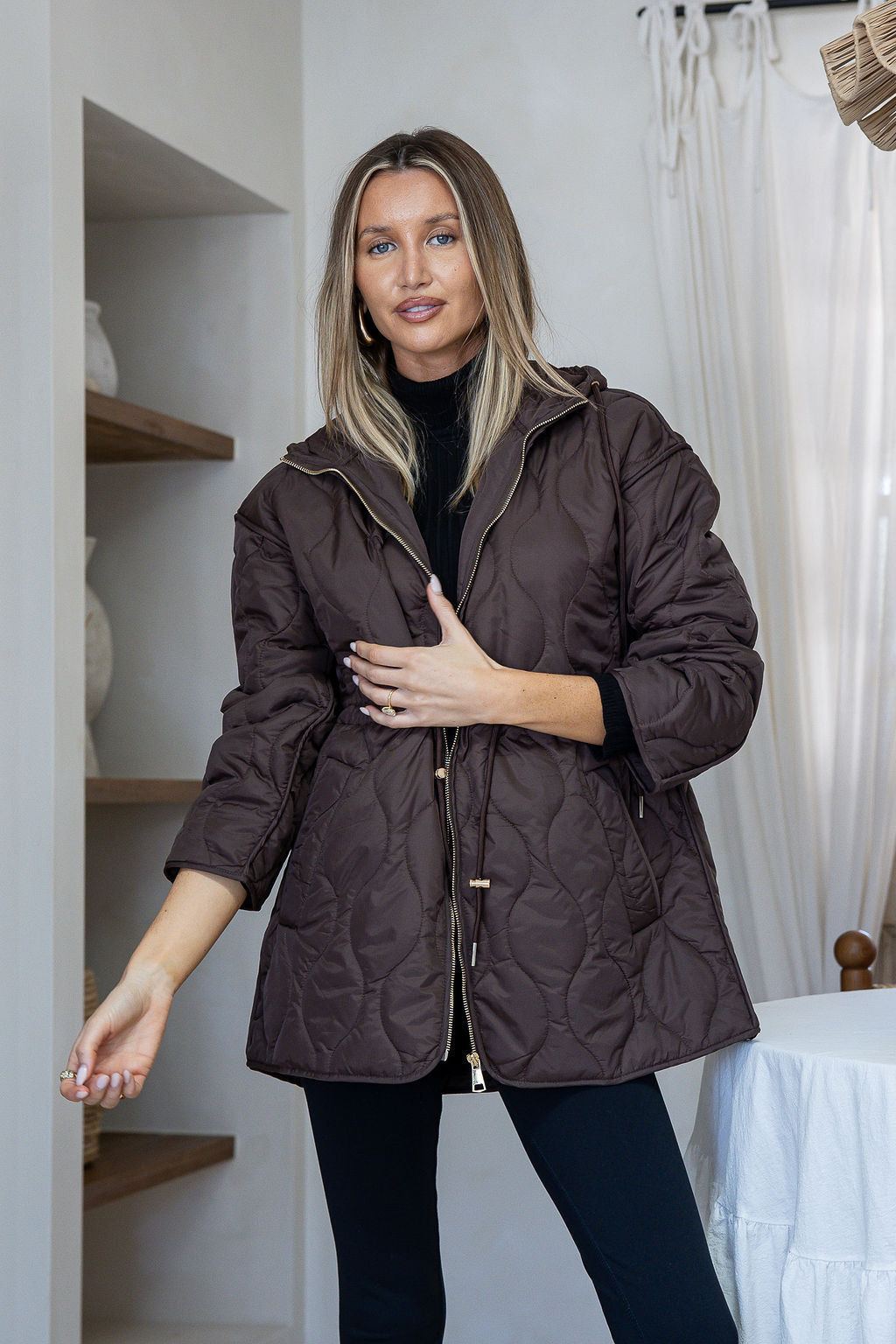 Quilted Drawstring Hooded Anorak - Chocolate