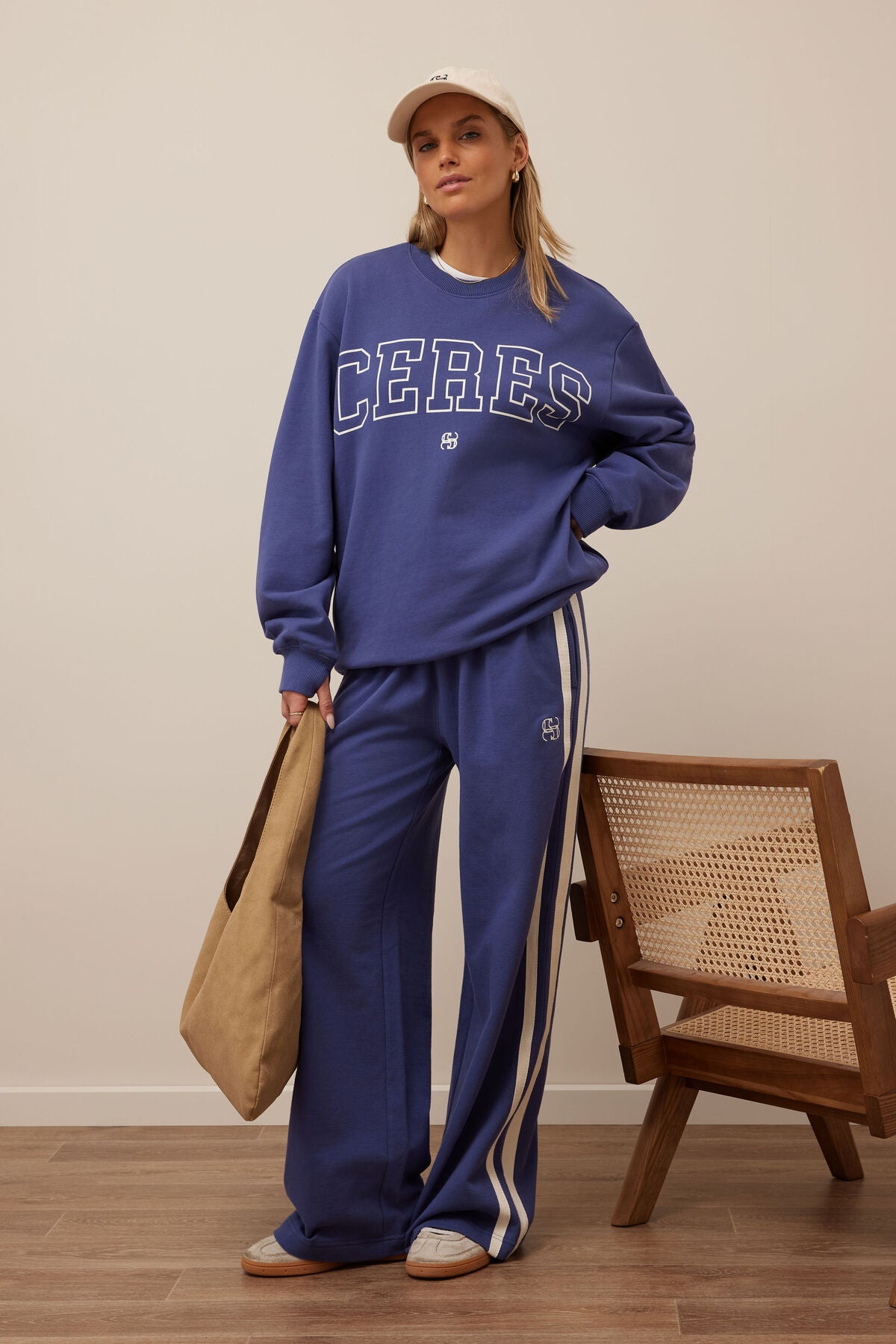 Isla Oversized Slouchy Crew - Washed Navy White Heritage Logo