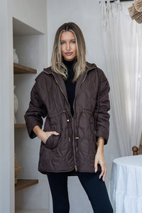 Quilted Drawstring Hooded Anorak - Chocolate
