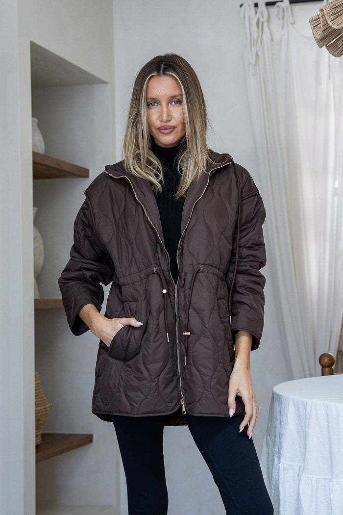 Quilted Drawstring Hooded Anorak - Chocolate