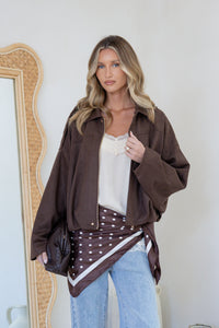 Suede Zip Gather Hem Bomber Jacket - Chocolate