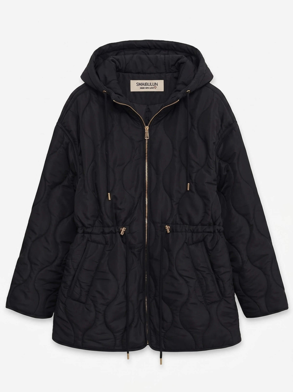 Quilted Drawstring Hooded Anorak - Black