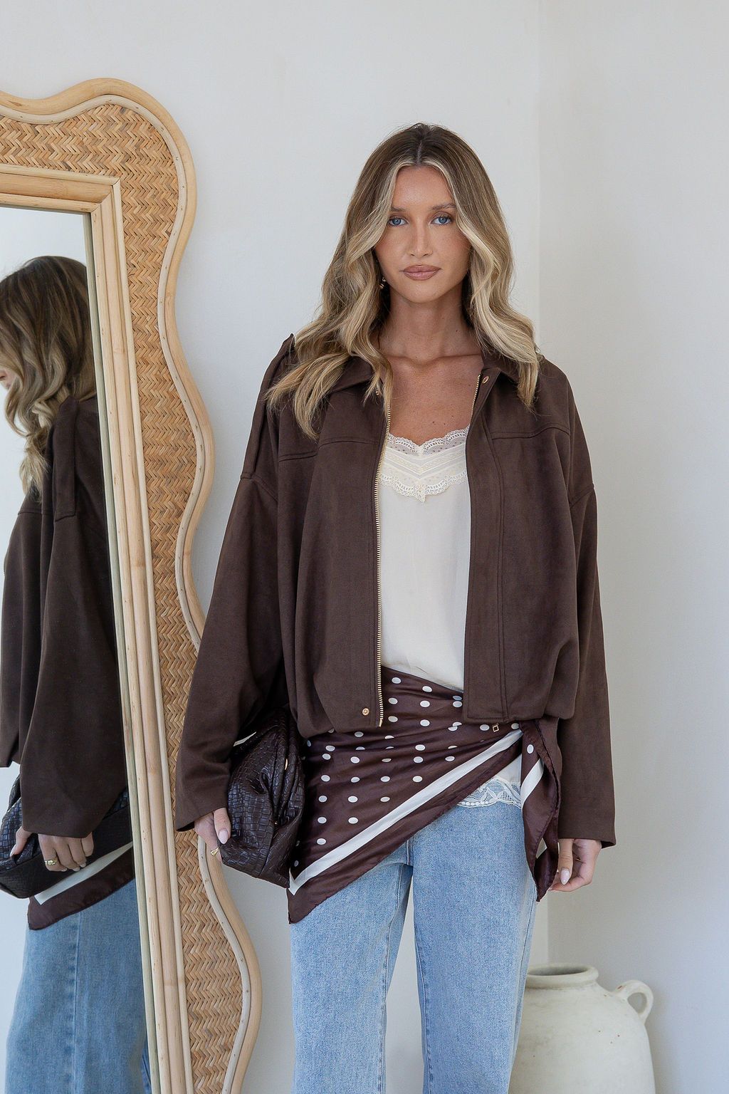 Suede Zip Gather Hem Bomber Jacket - Chocolate
