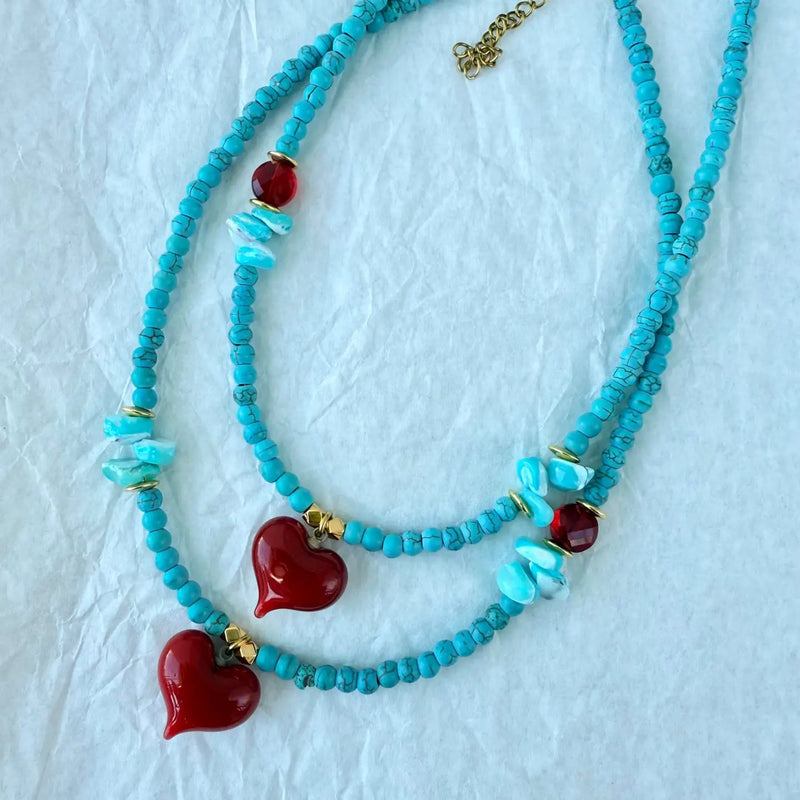 Turquoise & Cherry Red Beaded Necklace