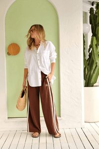 Gigi Wide Leg Terry Trackpant - Chocolate Side Stripe