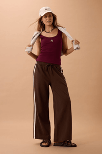 Gigi Wide Leg Terry Trackpant - Chocolate Side Stripe