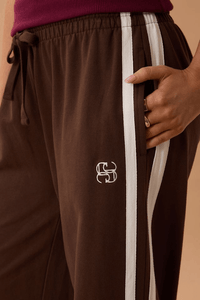 Gigi Wide Leg Terry Trackpant - Chocolate Side Stripe