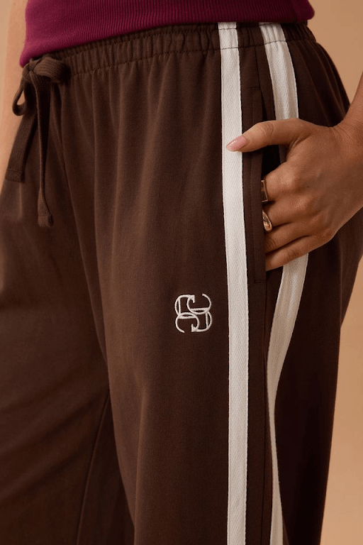 Gigi Wide Leg Terry Trackpant - Chocolate Side Stripe